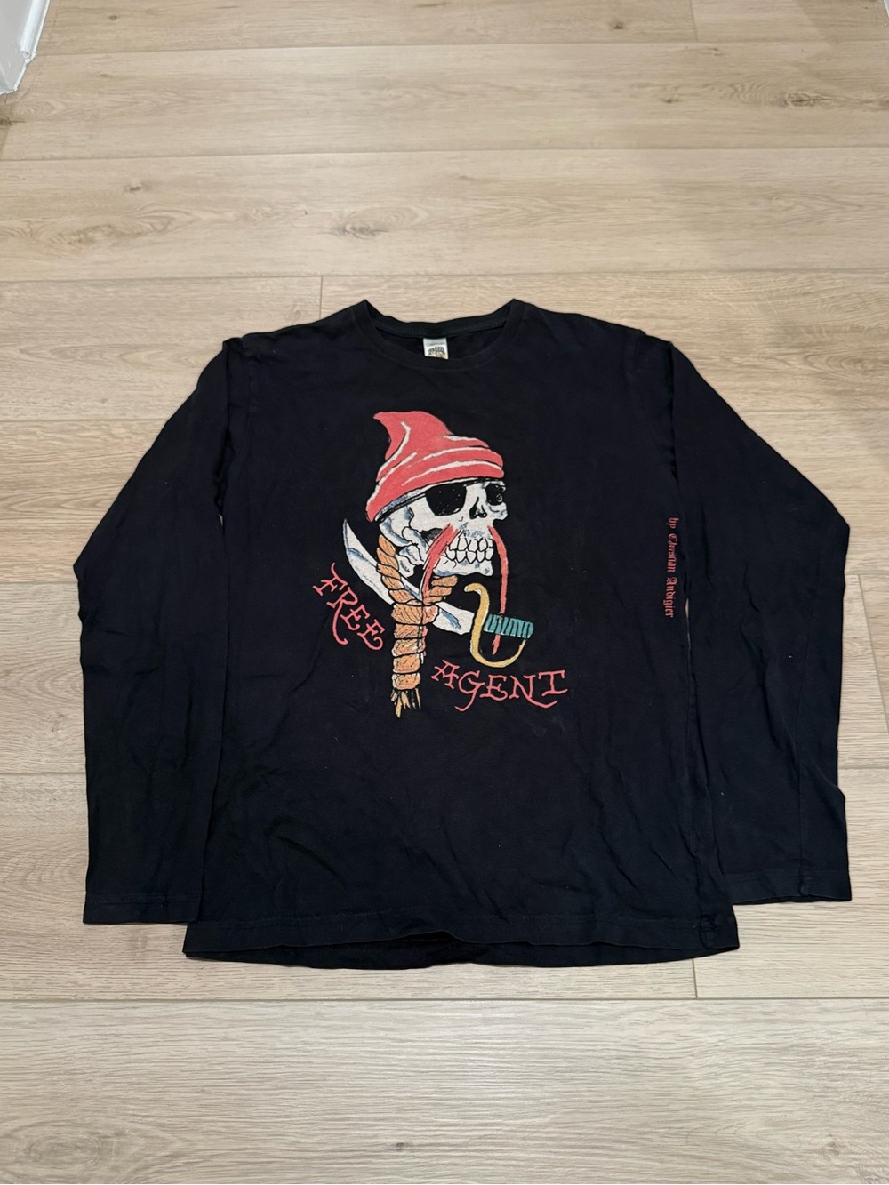 Y2K Ed Hardy Vintage Size Large Free Agent Black Skull Pirate Shirt Designer Art